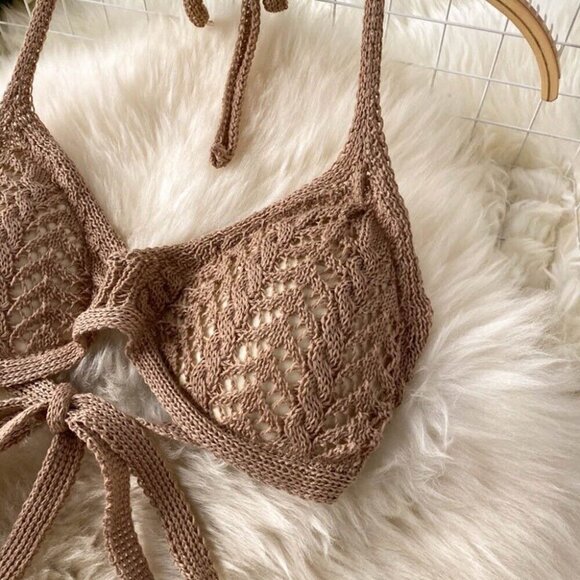 Crochet Outfit Set Two Piece Crop Top/Pants Brown Medium Halter Hollow Beach - Picture 6 of 10
